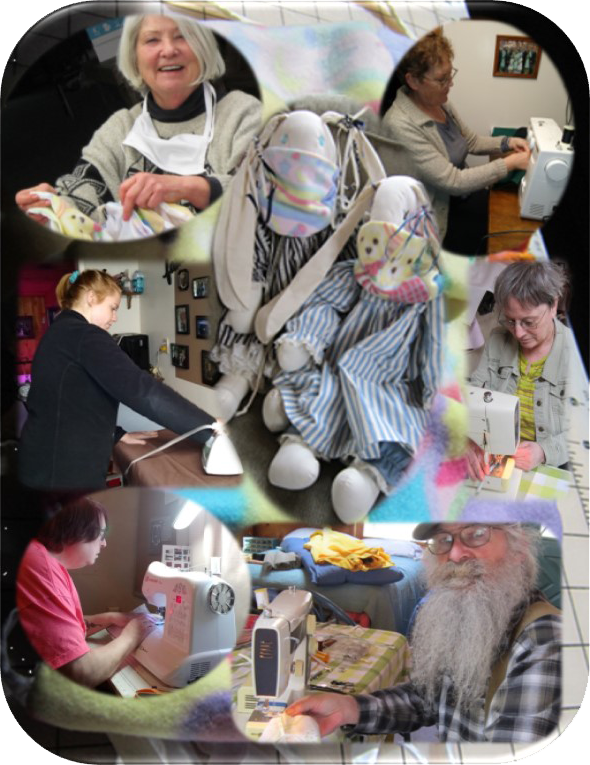 Collage of happy people sewing masks